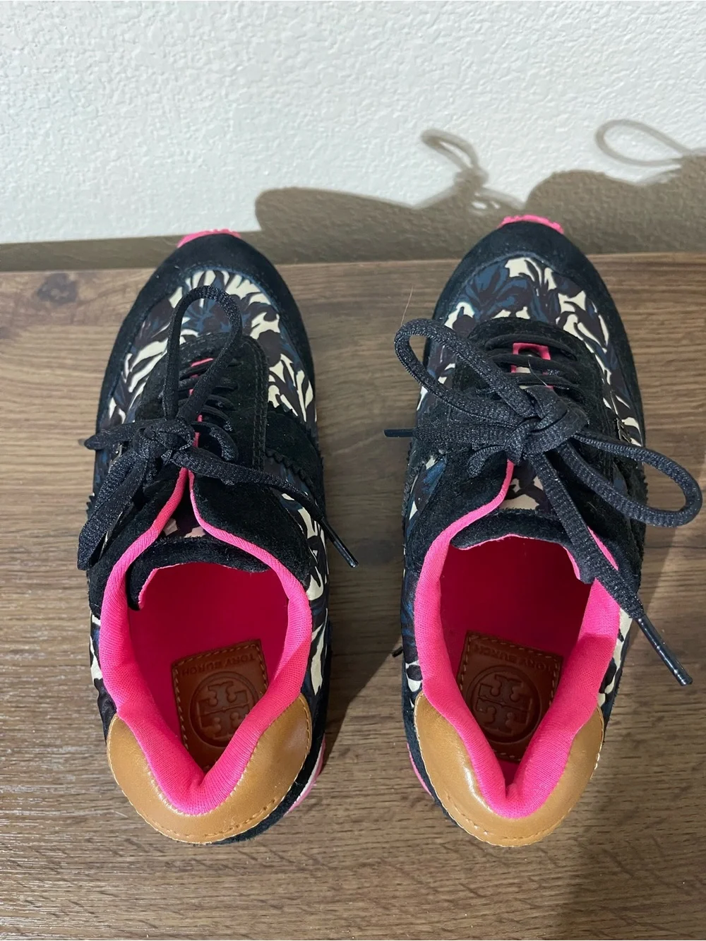 Tory Burch Black Floral Sneakers with Hot Pink Accents
